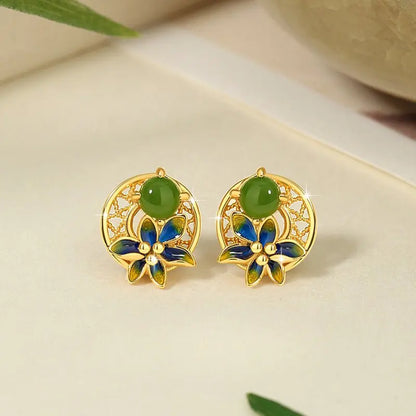 Elegant Flower Ear Stud Piercing - Hetian Jasper 925 Silver, Moon & Gold - Plated | STAR8S