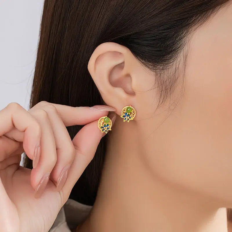 Elegant Flower Ear Stud Piercing - Hetian Jasper 925 Silver, Moon & Gold - Plated | STAR8S