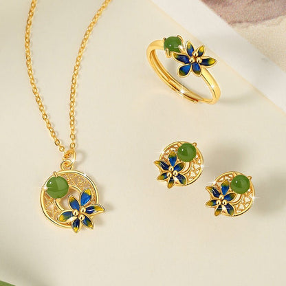 Elegant Flower Ear Stud Piercing - Hetian Jasper 925 Silver, Moon & Gold - Plated | STAR8S