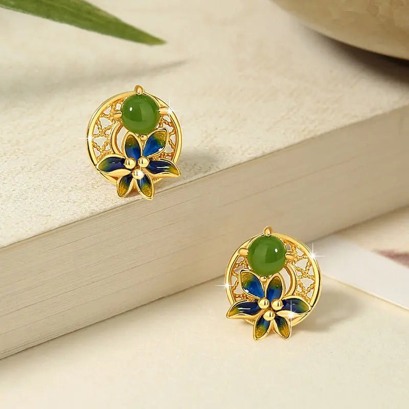 Elegant Flower Ear Stud Piercing - Hetian Jasper 925 Silver, Moon & Gold - Plated | STAR8S