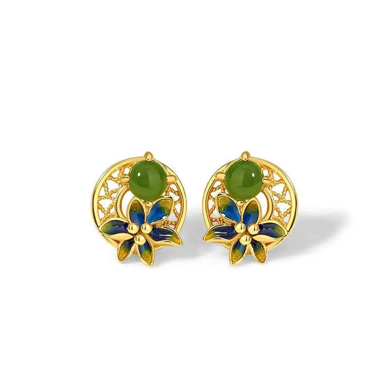 Elegant Flower Ear Stud Piercing - Hetian Jasper 925 Silver, Moon & Gold - Plated | STAR8S