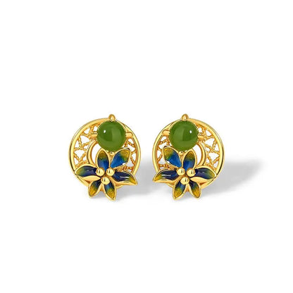 Elegant Flower Ear Stud Piercing - Hetian Jasper 925 Silver, Moon & Gold - Plated | STAR8S