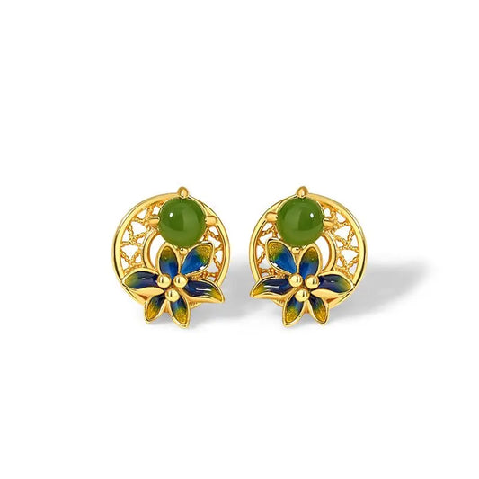 Elegant Flower Ear Stud Piercing - Hetian Jasper 925 Silver, Moon & Gold - Plated | STAR8S