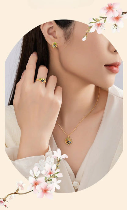 Elegant Flower Ear Stud Piercing - Hetian Jasper 925 Silver, Moon & Gold - Plated | STAR8S - STAR8S
