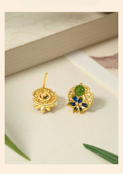 Elegant Flower Ear Stud Piercing - Hetian Jasper 925 Silver, Moon & Gold - Plated | STAR8S - STAR8S
