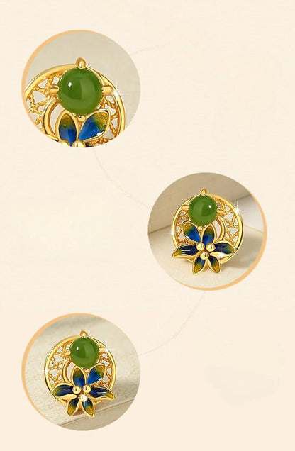 Elegant Flower Ear Stud Piercing - Hetian Jasper 925 Silver, Moon & Gold - Plated | STAR8S - STAR8S