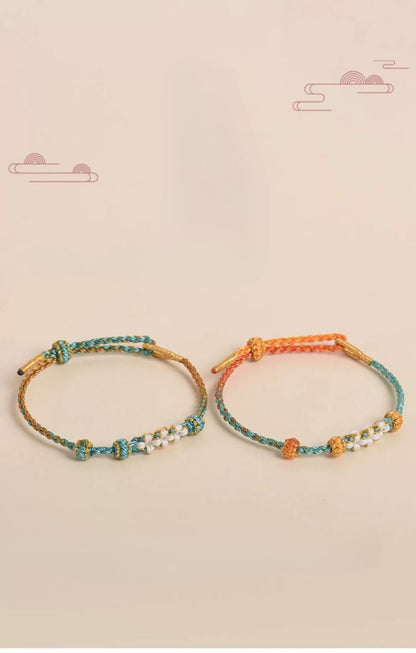 Elegant Handcrafted Peach Blossom Knot Bracelet – Adjustable Red Cord & Golden Thread Design | STAR8S