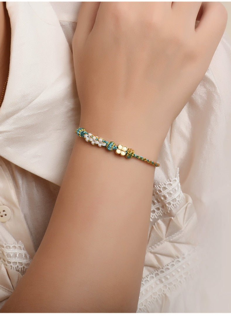 Elegant Handcrafted Peach Blossom Knot Bracelet – Adjustable Red Cord & Golden Thread Design | STAR8S