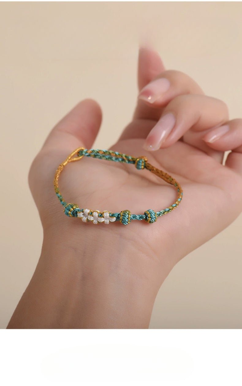 Elegant Handcrafted Peach Blossom Knot Bracelet – Adjustable Red Cord & Golden Thread Design | STAR8S