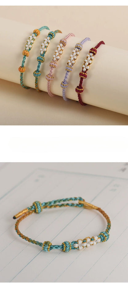 Elegant Handcrafted Peach Blossom Knot Bracelet – Adjustable Red Cord & Golden Thread Design | STAR8S