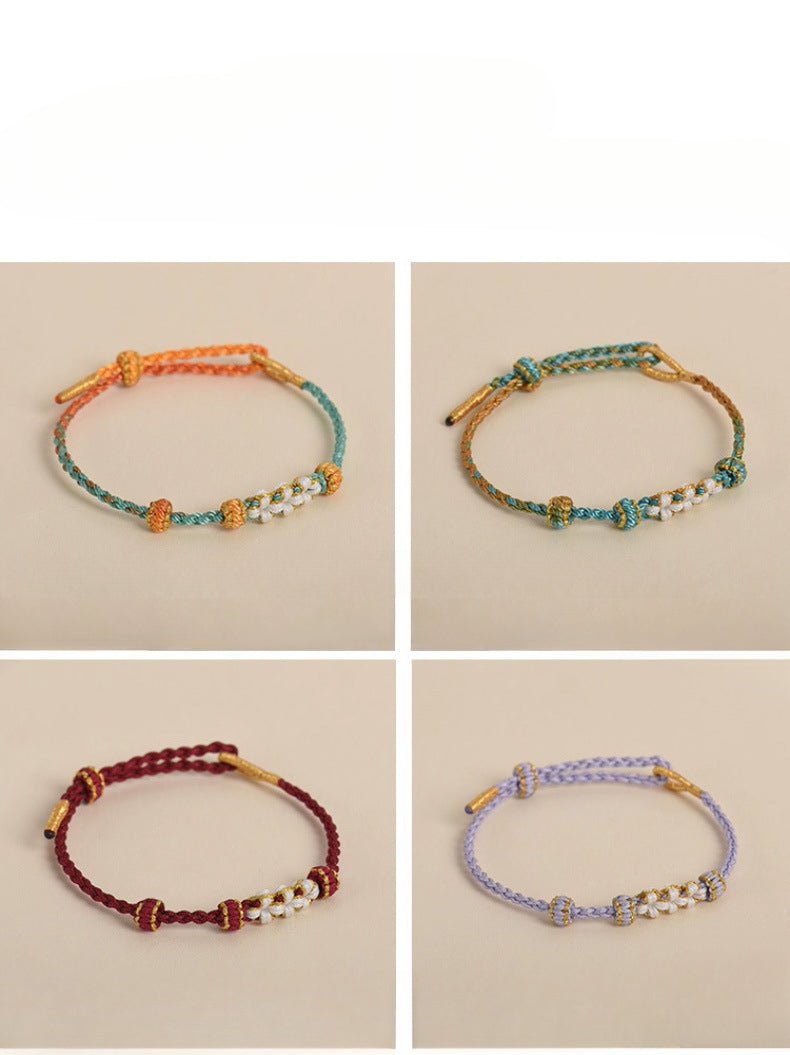 elegant handcrafted peach blossom knot bracelet – adjustable red cord & golden thread design | star8s