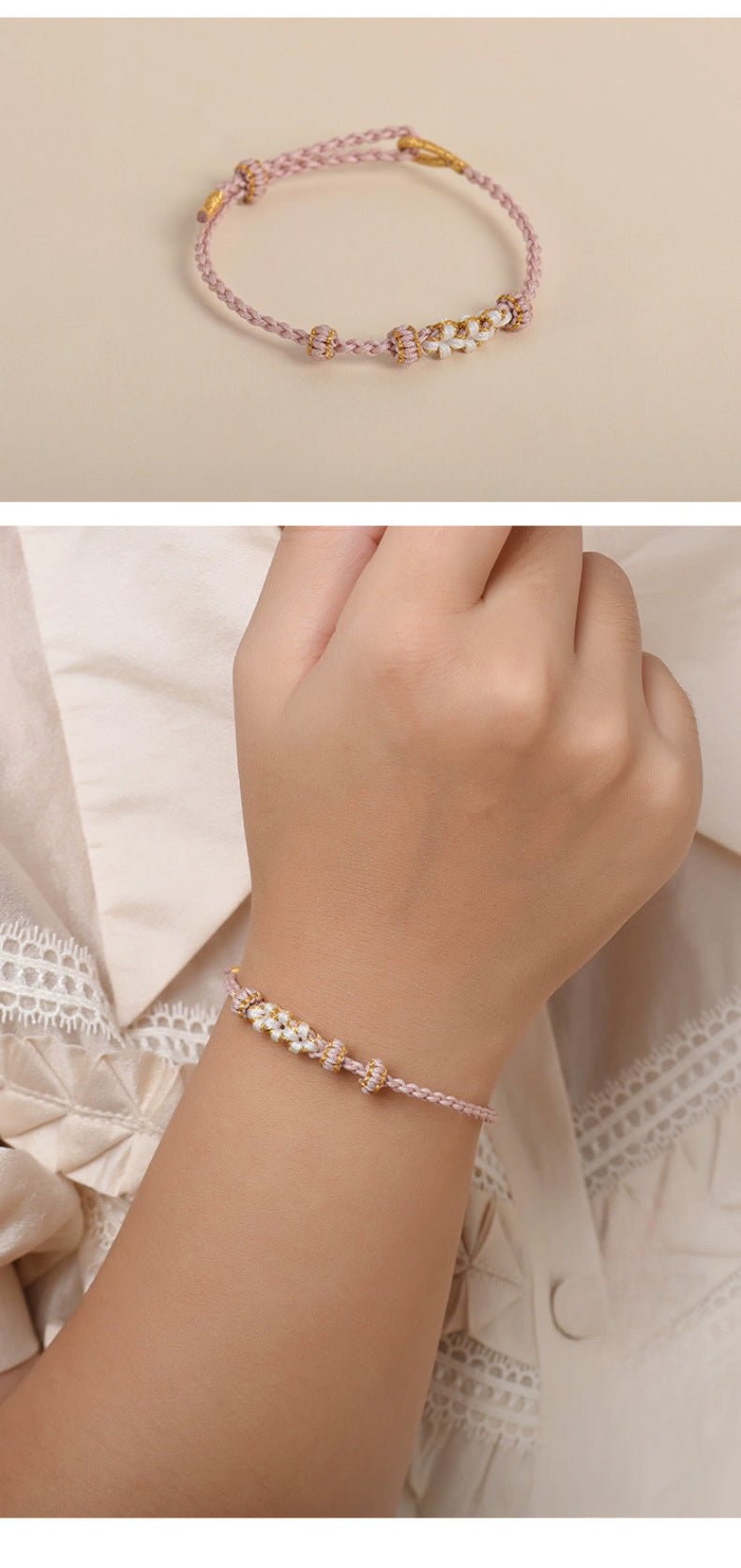 Elegant Handcrafted Peach Blossom Knot Bracelet – Adjustable Red Cord & Golden Thread Design | STAR8S