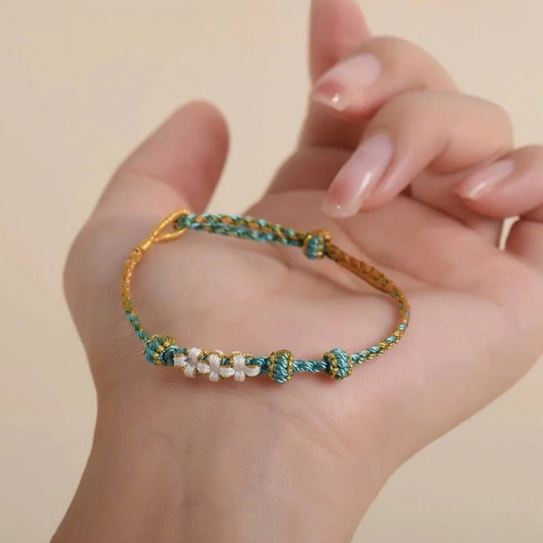 Elegant Handcrafted Peach Blossom Knot Bracelet – Adjustable Red Cord & Golden Thread Design | STAR8S STAR8S