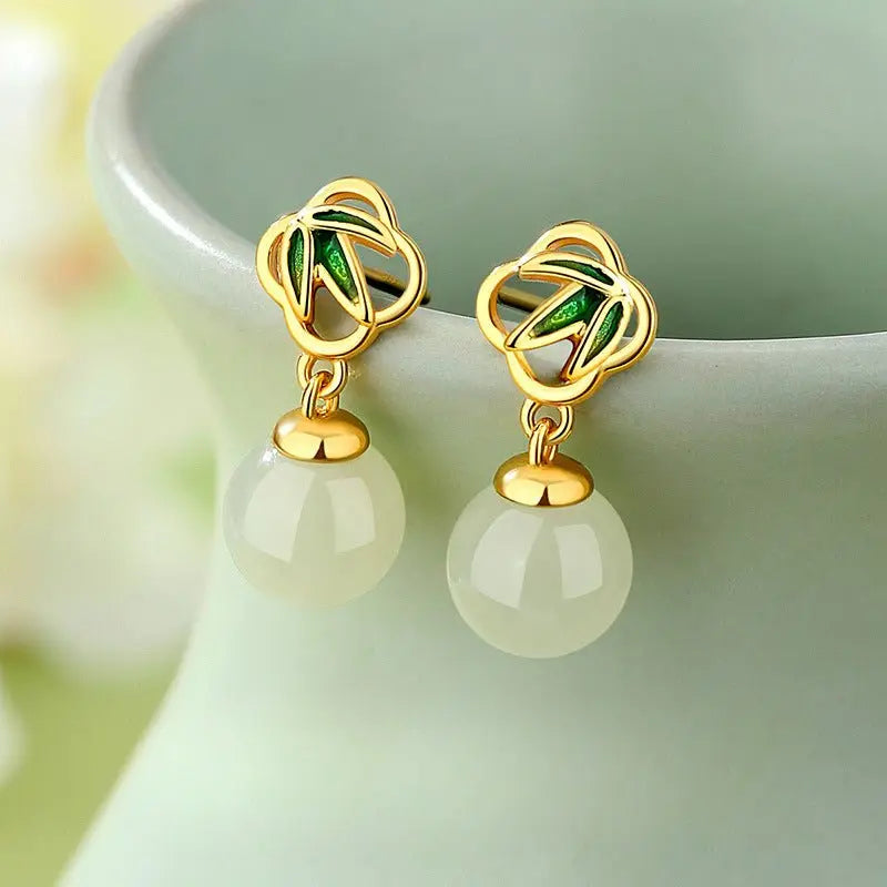 gorgeous & charming jade stud earrings: bamboo niche s925 sterling silver autumn | star8s