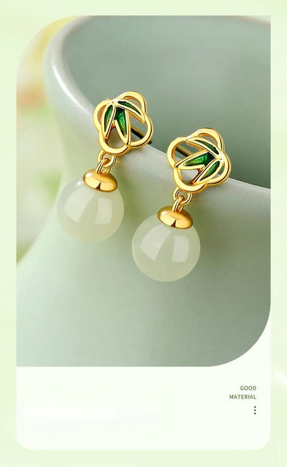 Gorgeous & Charming Jade Stud Earrings: Bamboo Niche S925 Sterling Silver Autumn | STAR8S