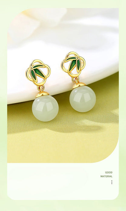 Gorgeous & Charming Jade Stud Earrings: Bamboo Niche S925 Sterling Silver Autumn | STAR8S