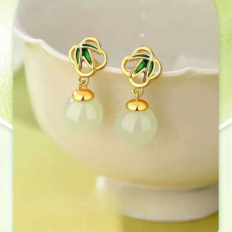 gorgeous & charming jade stud earrings: bamboo niche s925 sterling silver autumn | star8s - star8s