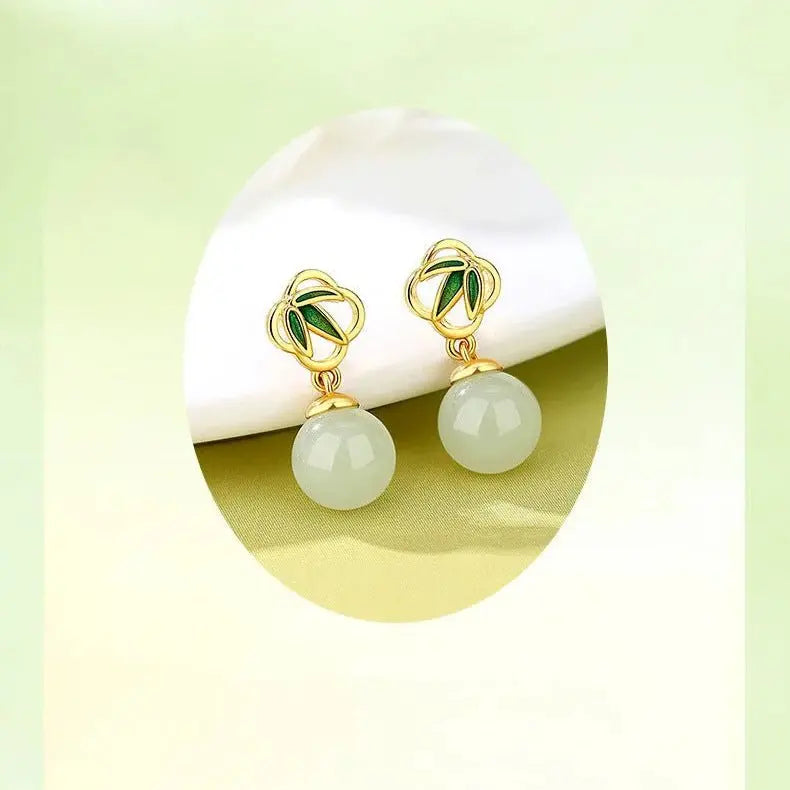 Gorgeous & Charming Jade Stud Earrings: Bamboo Niche S925 Sterling Silver Autumn | STAR8S - STAR8S