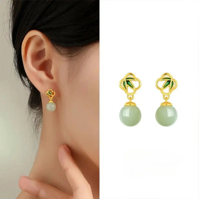 Gorgeous & Charming Jade Stud Earrings: Bamboo Niche S925 Sterling Silver Autumn | STAR8S - STAR8S