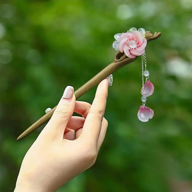 green camellia sandalwood hairpin, stylish for vintage & daily styling - star8s