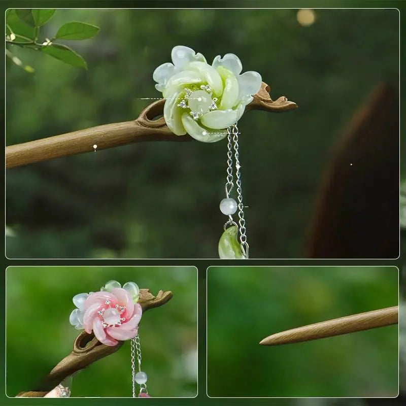 green camellia sandalwood hairpin, stylish for vintage & daily styling - star8s