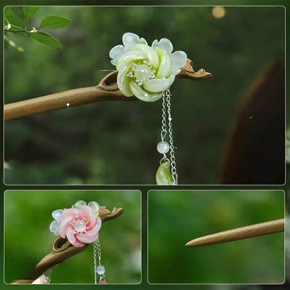 Green Camellia Sandalwood Hairpin, Stylish for Vintage & Daily Styling - STAR8S