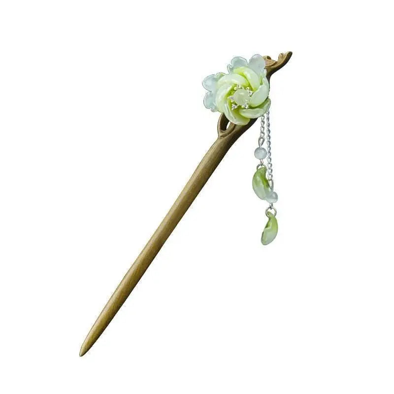Green Camellia Sandalwood Hairpin, Stylish for Vintage & Daily Styling - STAR8S