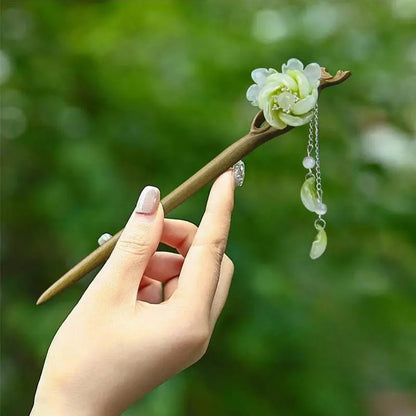Green Camellia Sandalwood Hairpin, Stylish for Vintage & Daily Styling - STAR8S
