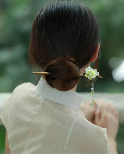 Green Camellia Sandalwood Hairpin, Stylish for Vintage & Daily Styling - STAR8S