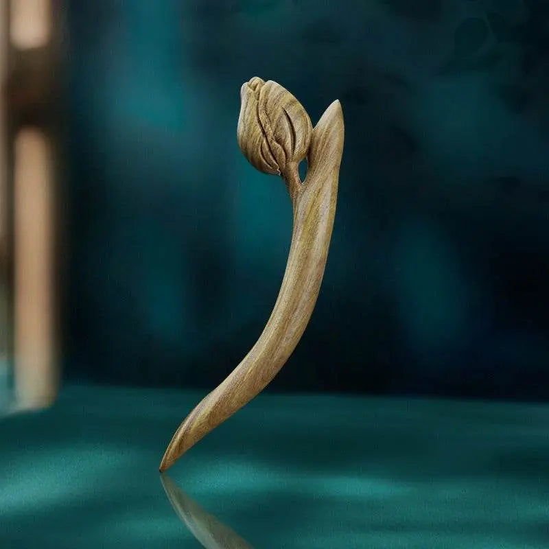 Green Sandalwood Tulip Hairpin, Stylish for Hanfu & Daily Bun - STAR8S