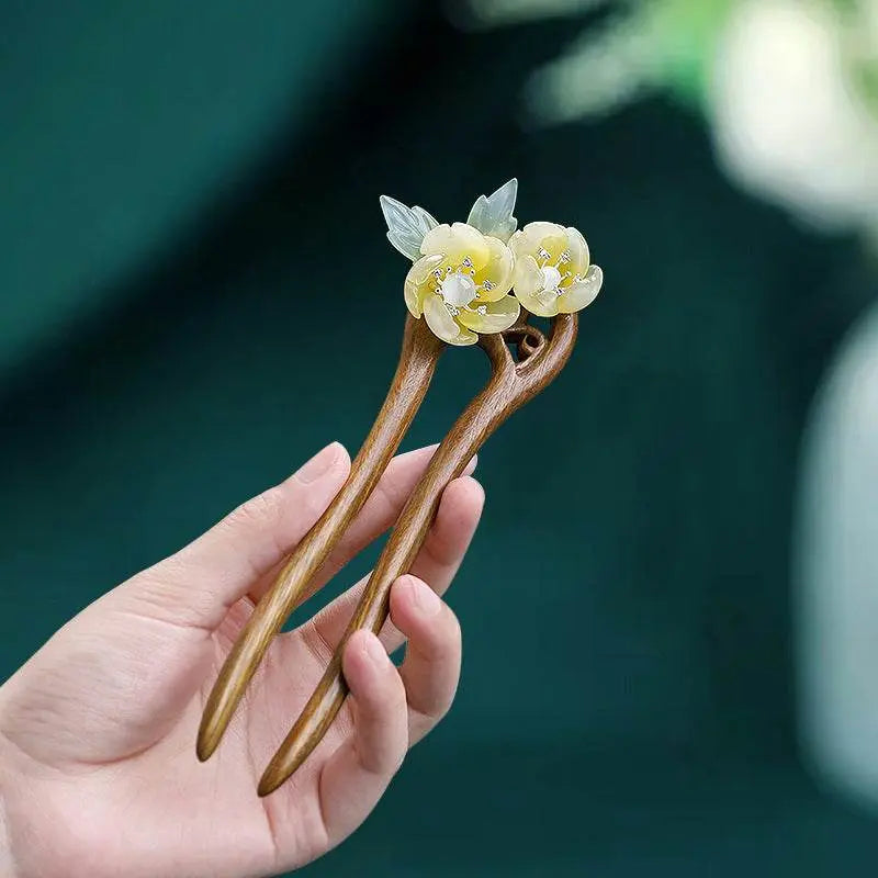 Green Sandalwood U Shaped Double Hairpin Retro Minimalist Bun Headwear - STAR8S