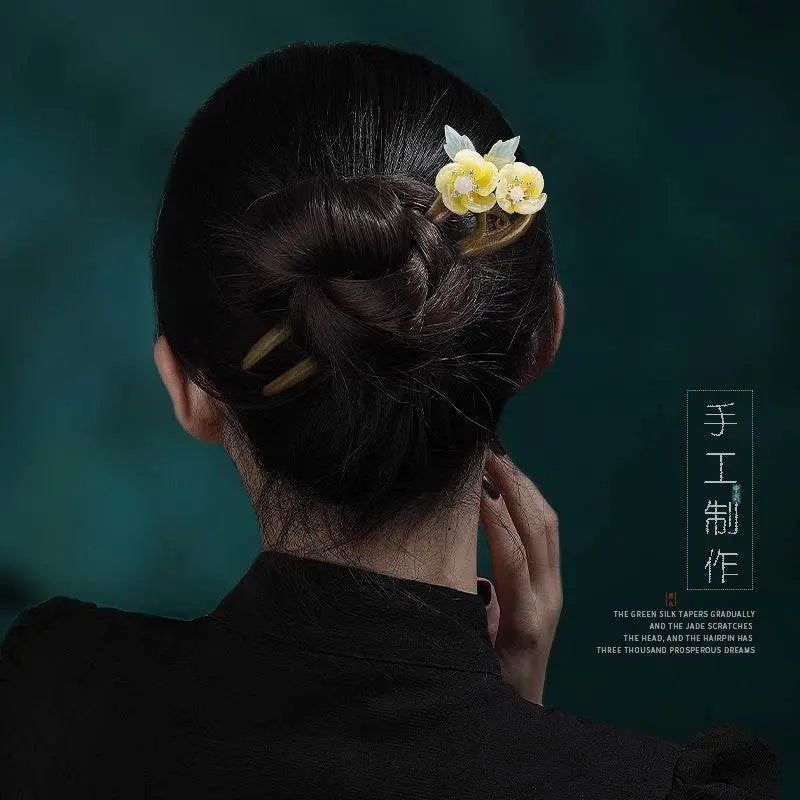 Green Sandalwood U Shaped Double Hairpin Retro Minimalist Bun Headwear - STAR8S