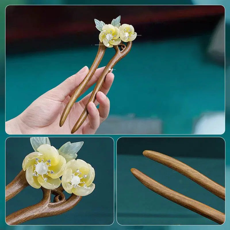 Green Sandalwood U Shaped Double Hairpin Retro Minimalist Bun Headwear - STAR8S