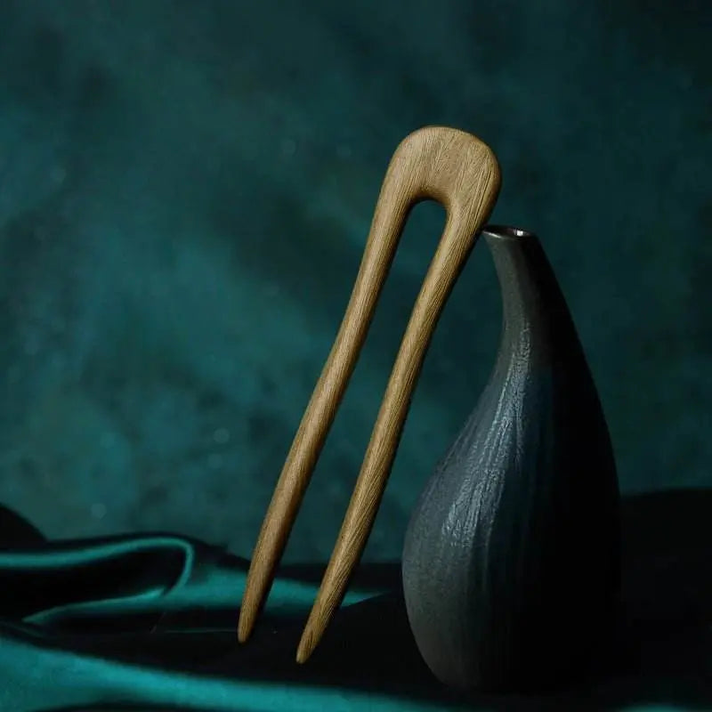 green sandalwood u shaped double prong hairpin for hanfu bun gift - star8s