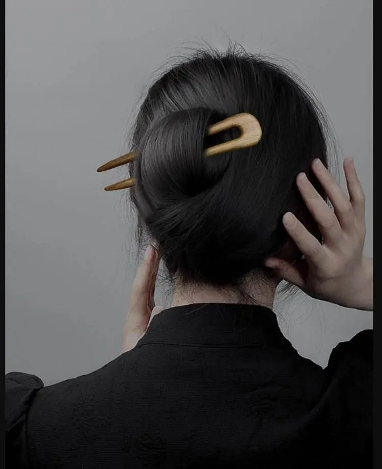 Green Sandalwood U shaped Double Prong Hairpin for Hanfu Bun Gift - STAR8S