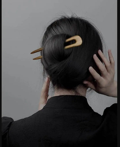 Green Sandalwood U shaped Double Prong Hairpin for Hanfu Bun Gift - STAR8S