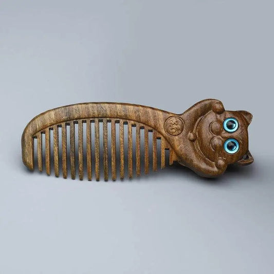 Green sandalwood comb classical style double-sided engraving mini compact comb sandalwood lucky cat annunciation bangs comb carry-on - STAR8S