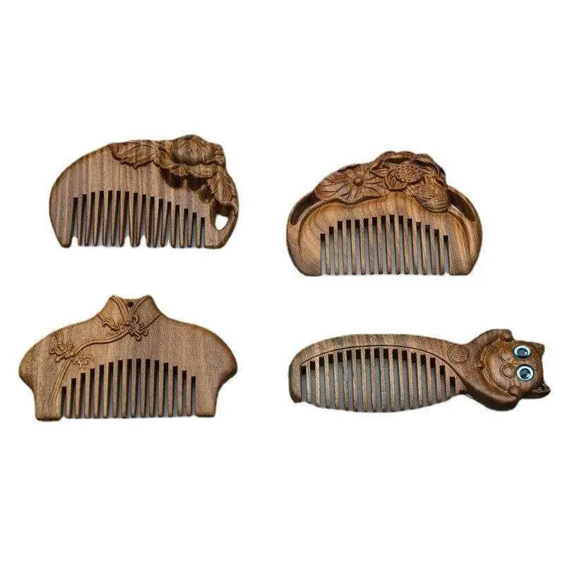 green sandalwood comb classical style double-sided engraving mini compact comb sandalwood lucky cat annunciation bangs comb carry-on - star8s