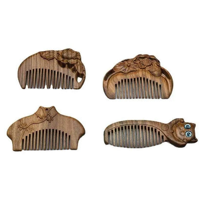 Green sandalwood comb classical style double-sided engraving mini compact comb sandalwood lucky cat annunciation bangs comb carry-on - STAR8S