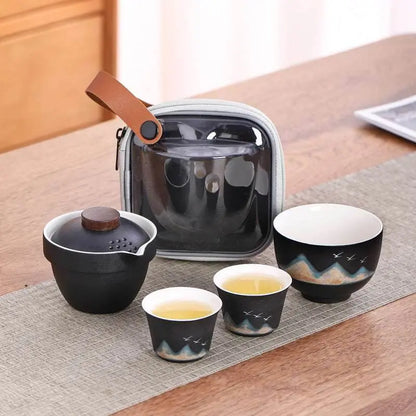 Hand Painted Glaze Travel Tea Set 1 Pot 3 Cups Portable Outdoor Gift - STAR8S