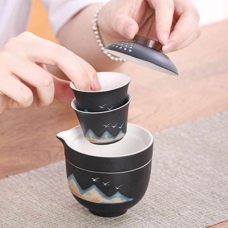 hand painted glaze travel tea set 1 pot 3 cups portable outdoor gift - star8s
