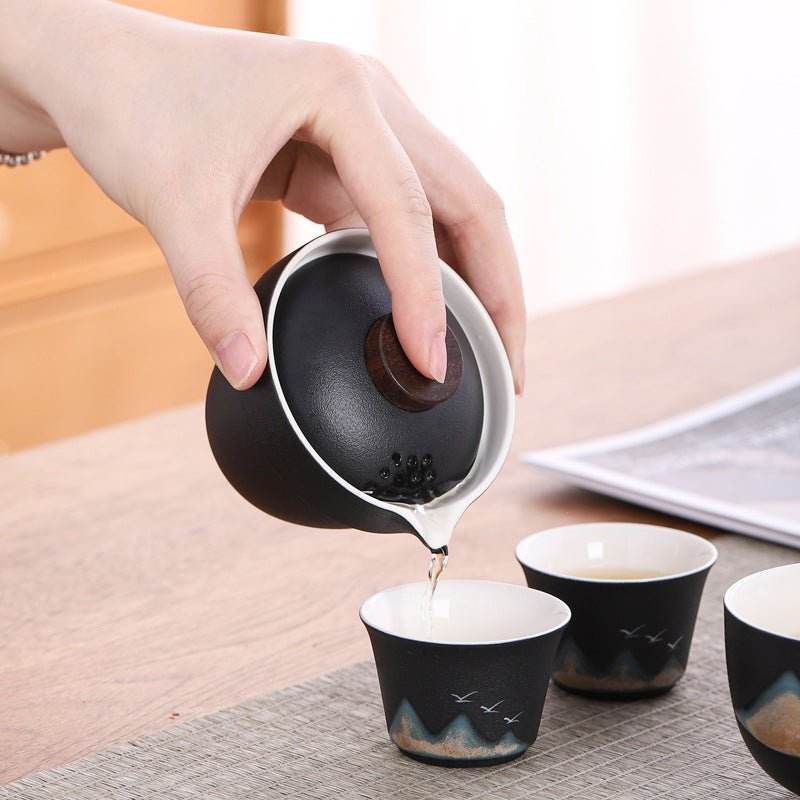 Hand Painted Glaze Travel Tea Set 1 Pot 3 Cups Portable Outdoor Gift - STAR8S