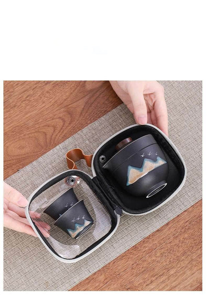 Hand Painted Glaze Travel Tea Set 1 Pot 3 Cups Portable Outdoor Gift - STAR8S