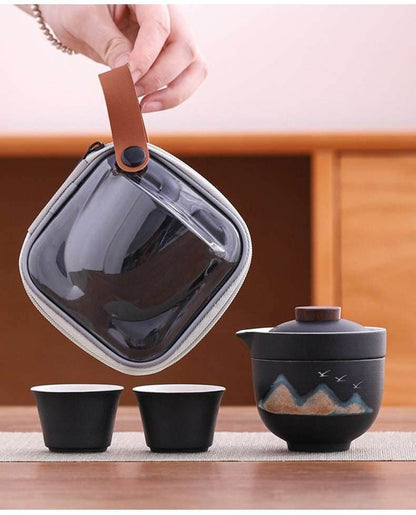Hand Painted Glaze Travel Tea Set 1 Pot 3 Cups Portable Outdoor Gift - STAR8S