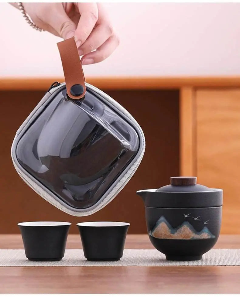 Hand Painted Glaze Travel Tea Set 1 Pot 3 Cups Portable Outdoor Gift - STAR8S