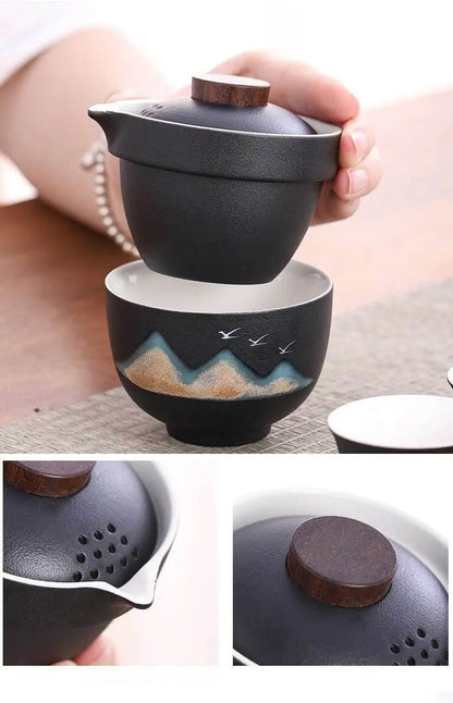 Hand Painted Glaze Travel Tea Set 1 Pot 3 Cups Portable Outdoor Gift - STAR8S