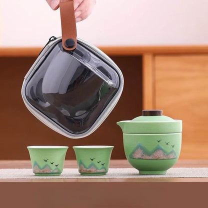 Hand Painted Glaze Travel Tea Set 1 Pot 3 Cups Portable Outdoor Gift - STAR8S