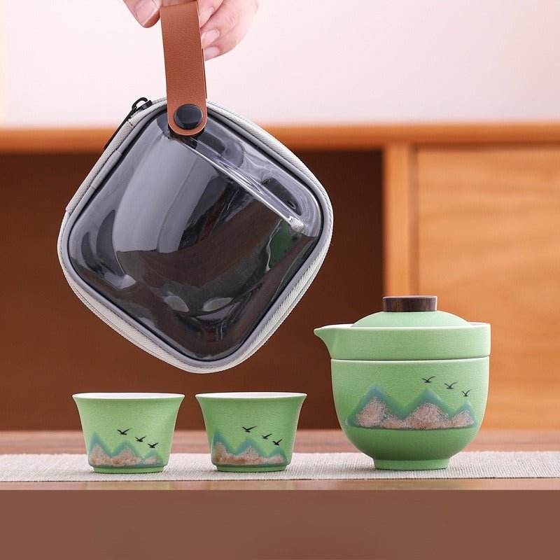 hand painted glaze travel tea set 1 pot 3 cups portable outdoor gift - star8s