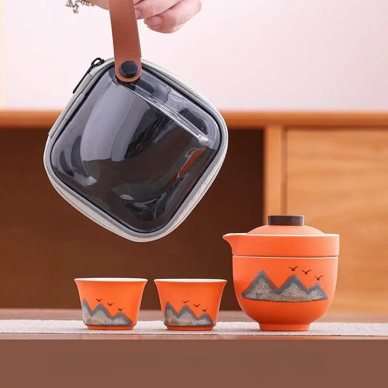 hand painted glaze travel tea set 1 pot 3 cups portable outdoor gift - star8s