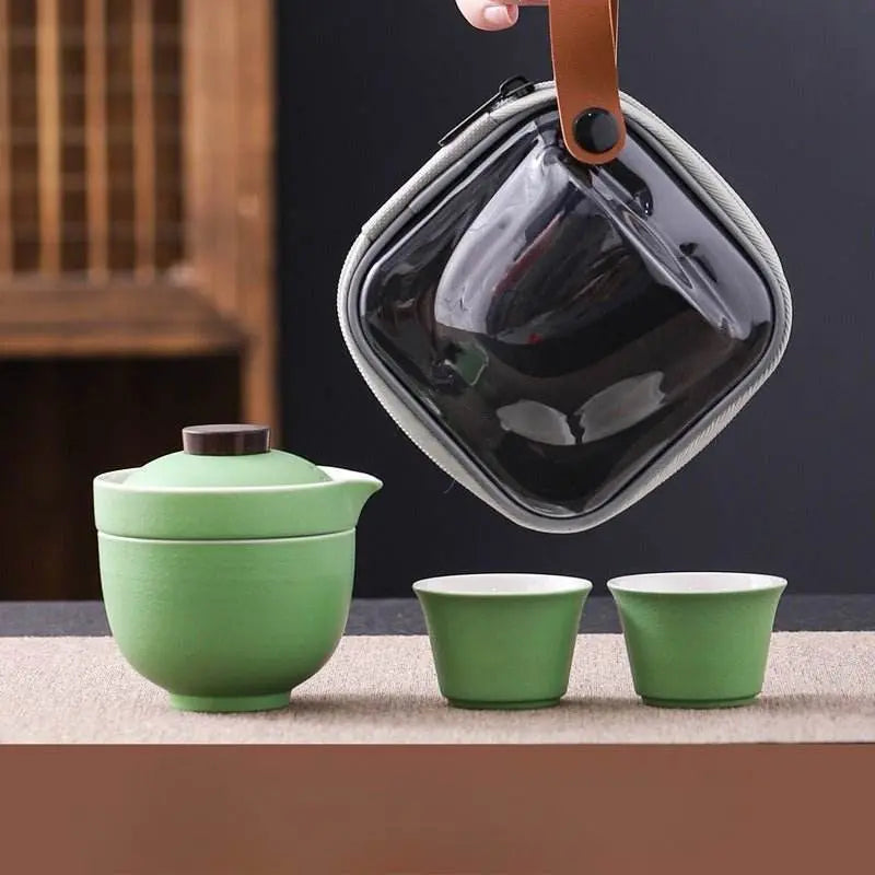 Hand Painted Glaze Travel Tea Set 1 Pot 3 Cups Portable Outdoor Gift - STAR8S